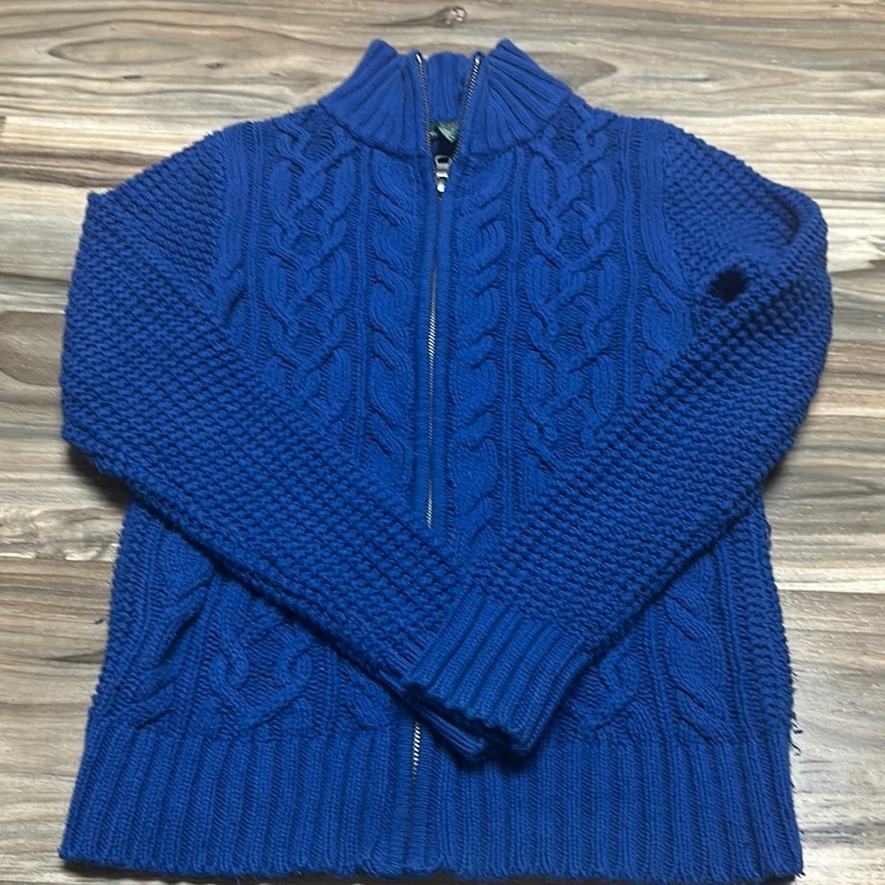 Vintage LRL Lauren Jeams Blue Cable Knit Zip-Up Sweater Size Small